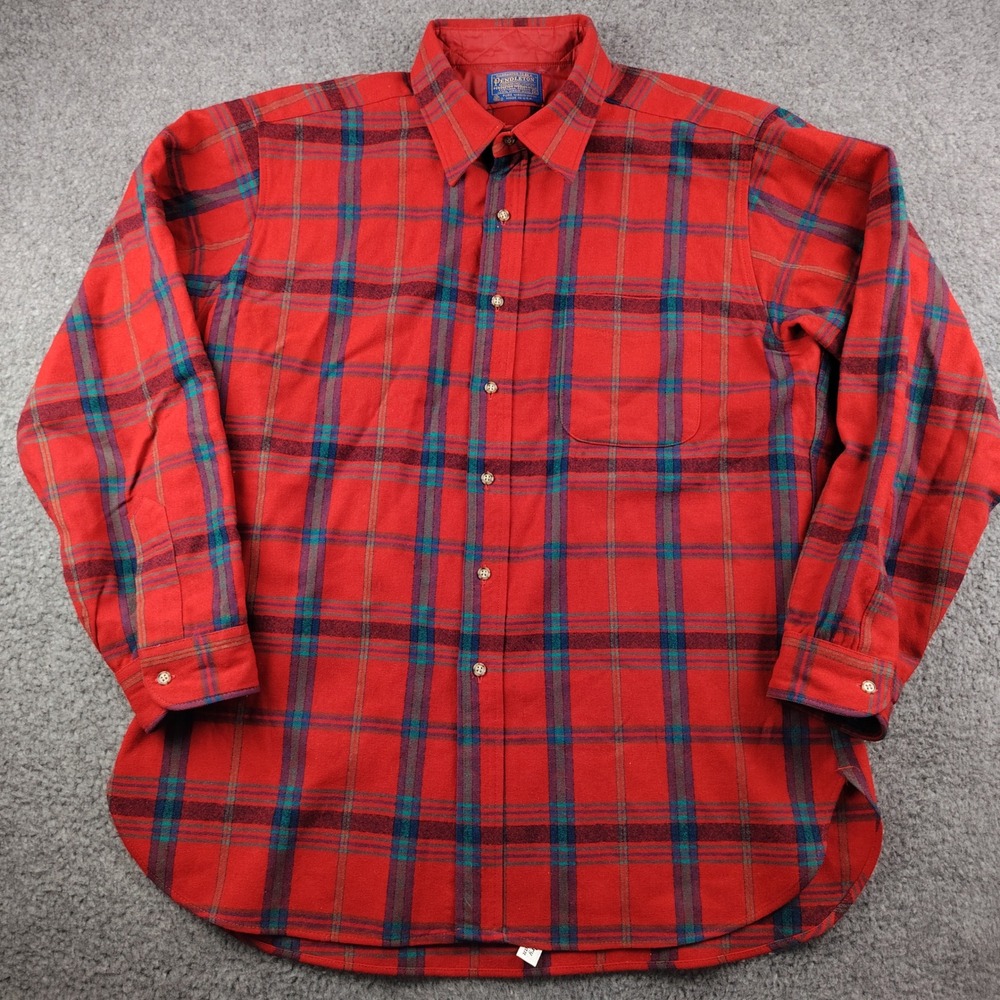 VTG 70s Pendleton Shirt Mens XL Wool Plaid Red Button Down EUC